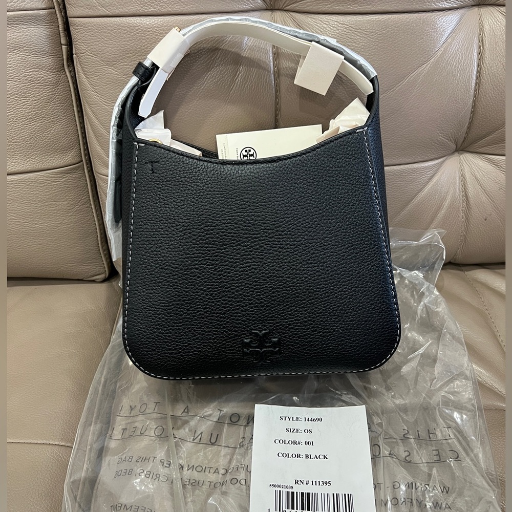 New Tory Burch THEA Black Leather Small Bucket Bag Crossbody Purse